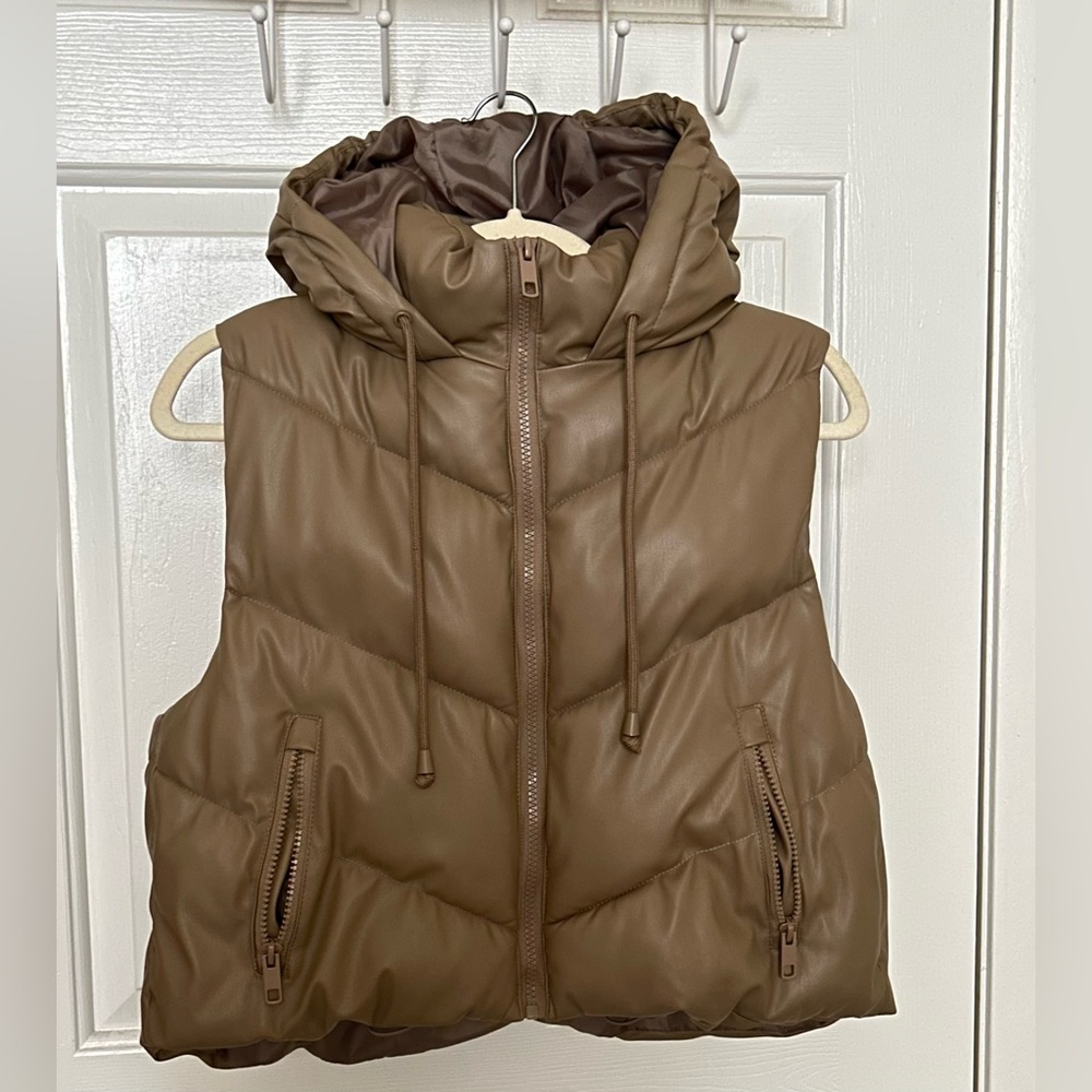 Brown hooded puffer vest
